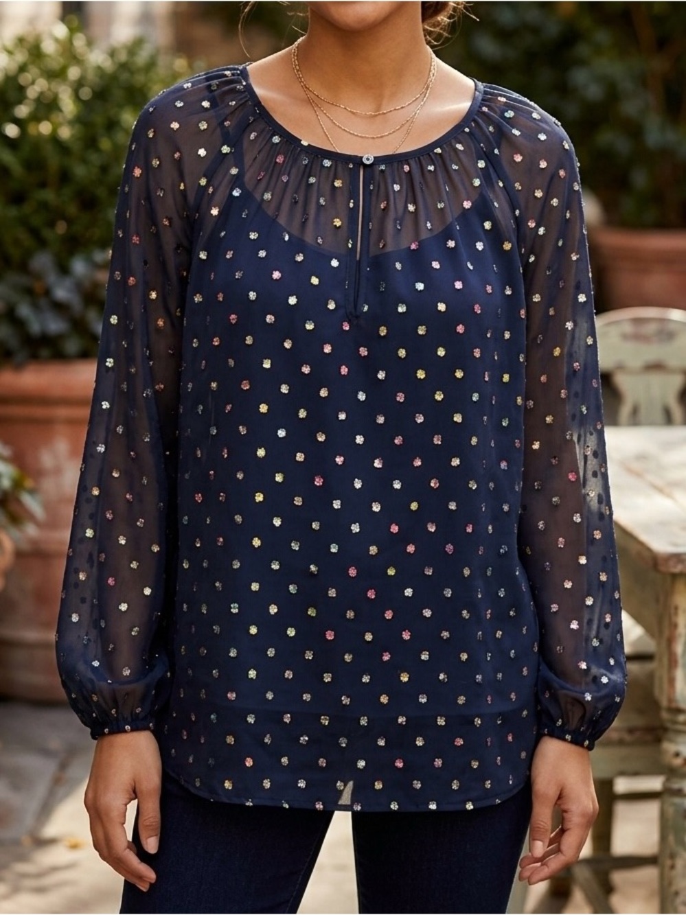 J.Crew Rainbow Clip Dot Chiffon Sheer Popover Blouse Medium
